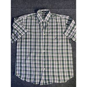 Nautica Shirt Men's Large Green Plaid Cotton Long Sleeve‎ Collared Button Down